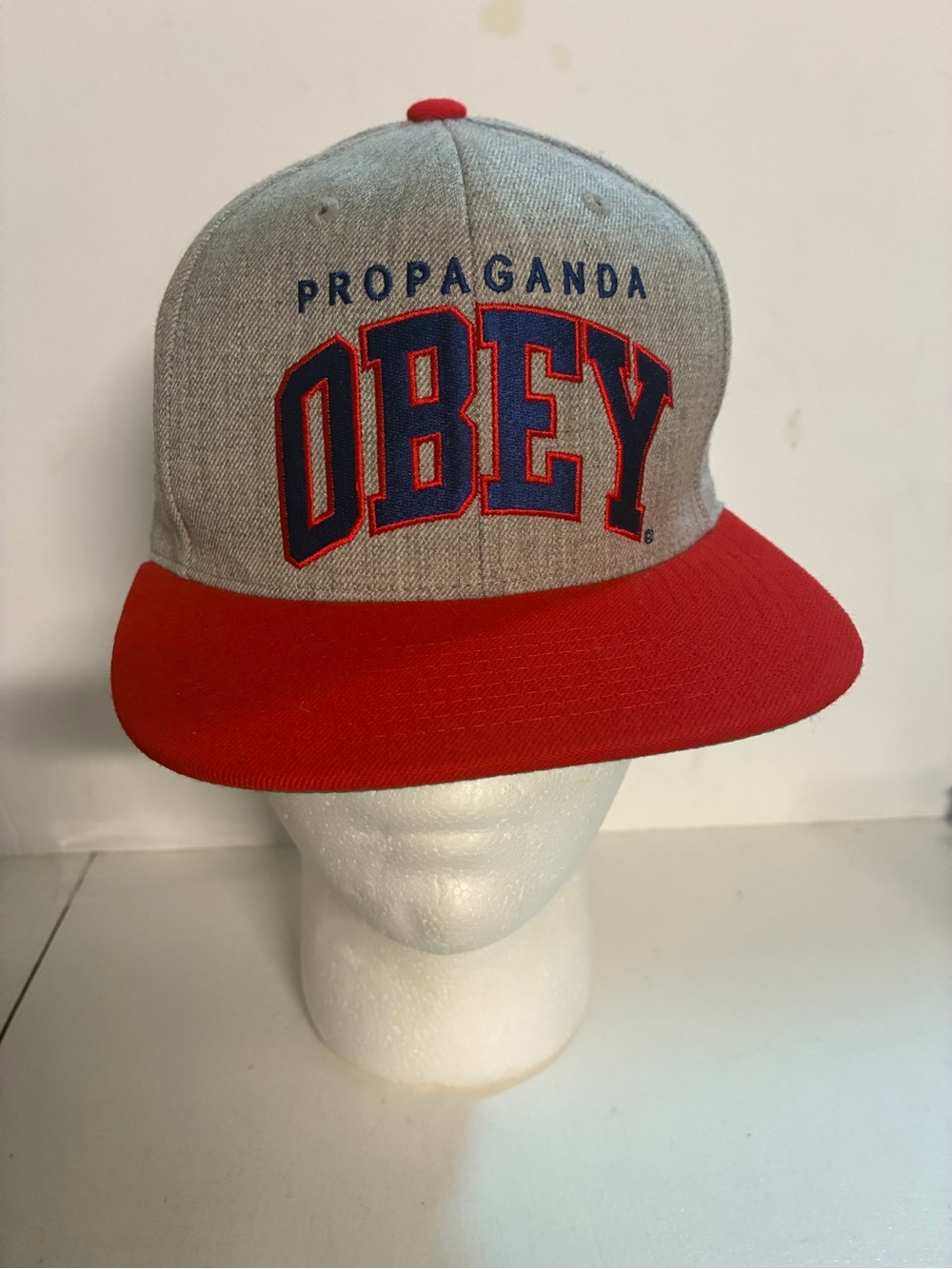 Obey Two-Tone Snapback Cap - Gray Crown with Red Brim